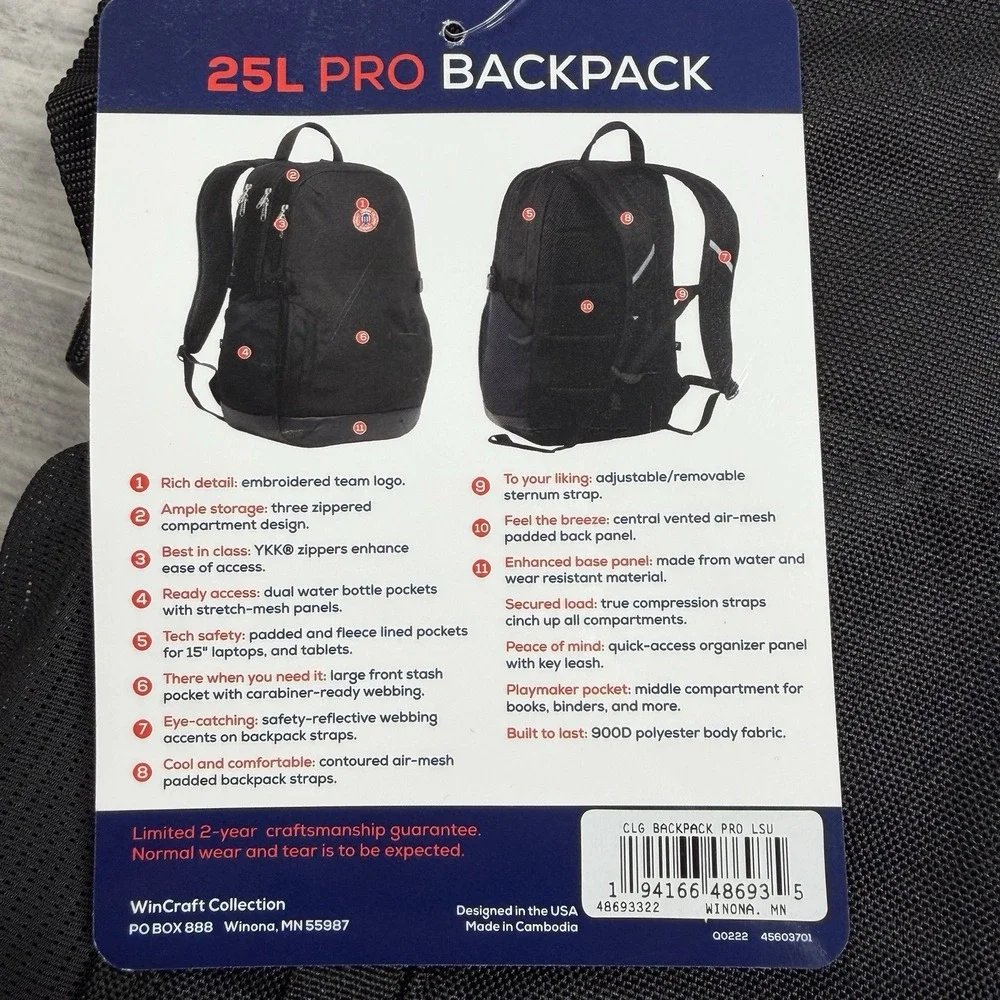 LSU Tigers NCAA College 25L Pro Black Backpack Embroidered New